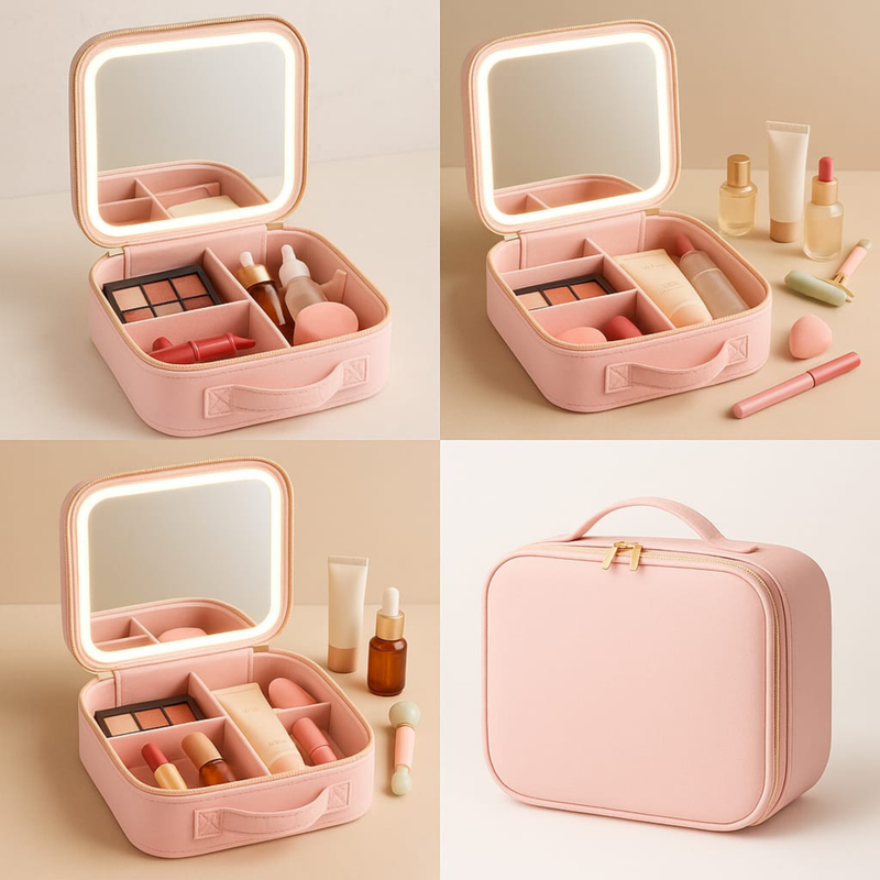 حقيبة مكياج للسفر مع مرآة بإضاءة LED ، تنظيم فخم.. وأناقة تُضيء يومكِ